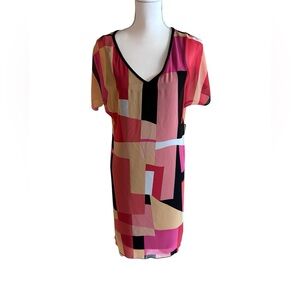 Joseph Ribkoff Pink, Black & Tan Geometric Shift Dress Size 4